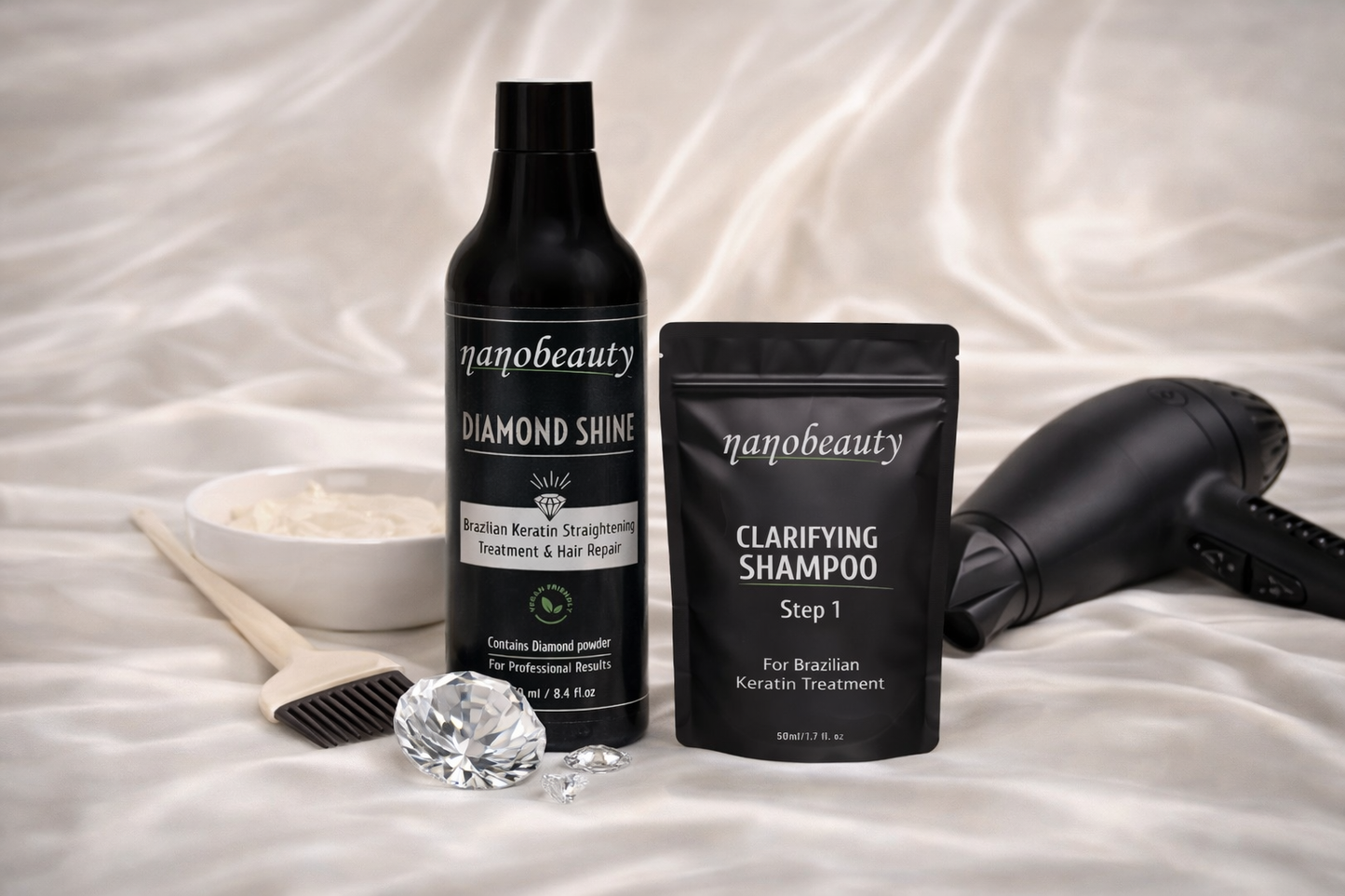 Nanobeauty Diamond Shine Brazilian keratin treatment and clarifying shampoo for smooth, frizz-free hair at home in the UK